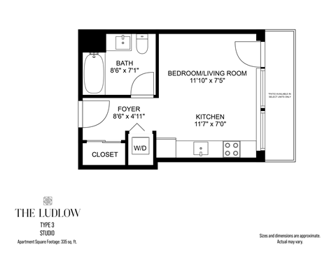 Floor plan for studio, 1 bath, 333 sqft